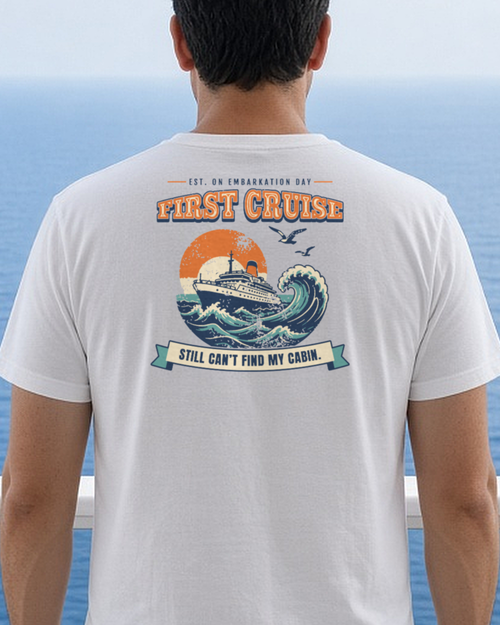 Mockup: white First Cruise Still Can’t Find My Cabin tee, back print, worn on a cabin balcony