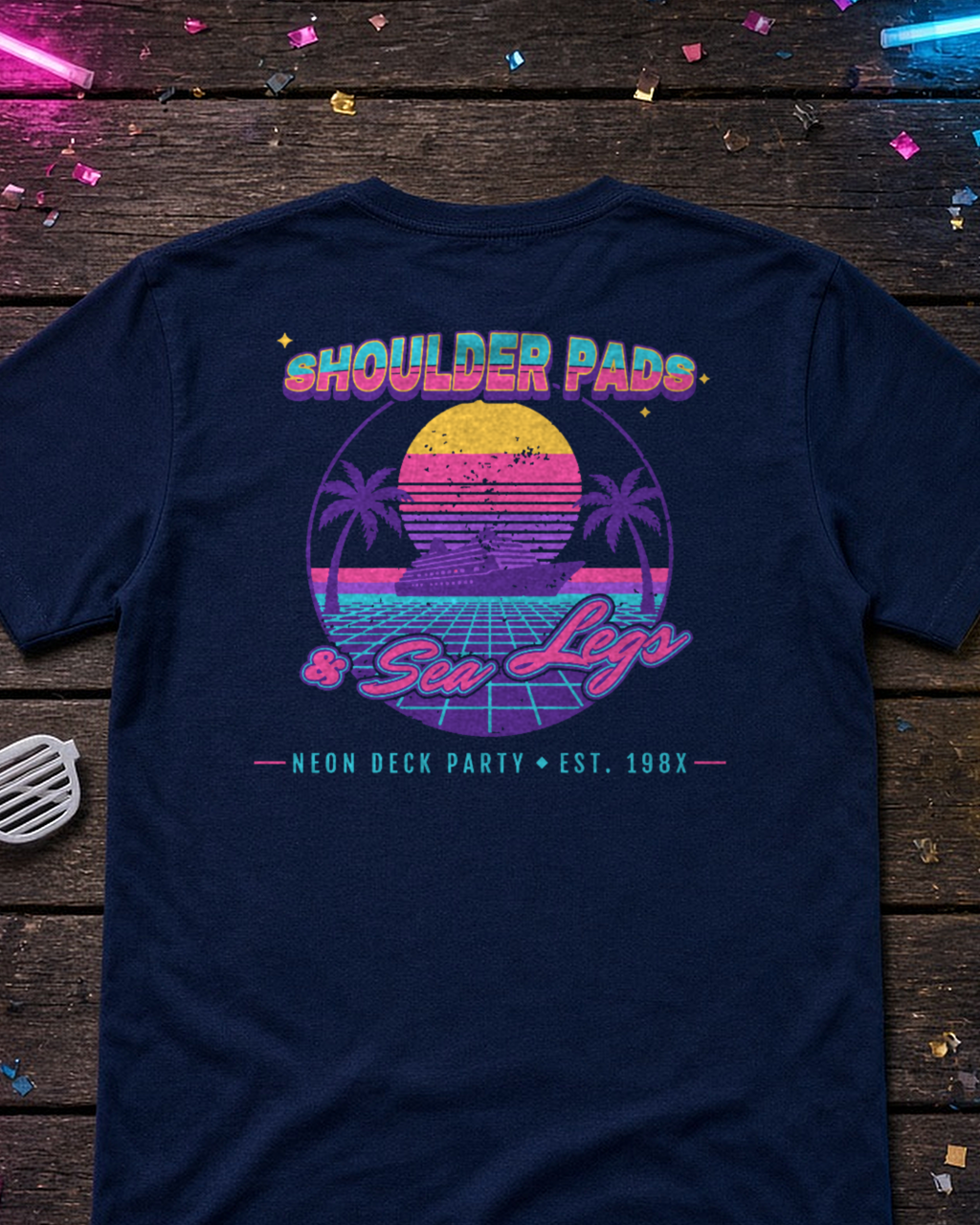 Mockup: navy Shoulder Pads & Sea Legs tee laid flat with confetti and glow sticks